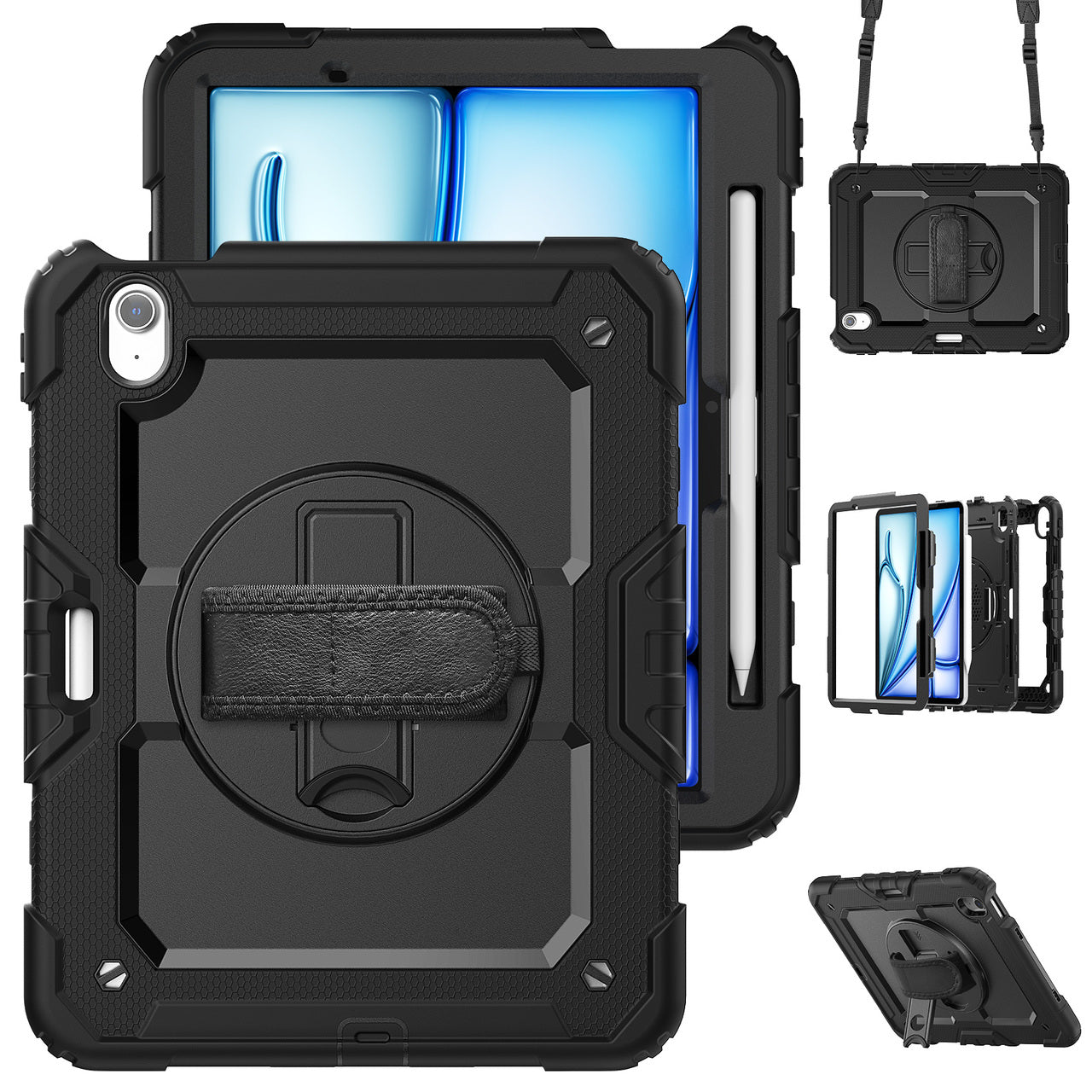 iPad Air 11" 2024 M2 Strap Rugged Shockproof Case Cover Apple 6th Gen 6 Black IPA11-2024P66BK