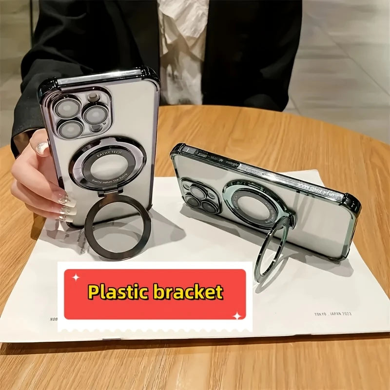 iPhone 16 Case Wireless Charging Magnetic Ring Bracket, Bumper, Lens Protector Clear & Black - BW30198816BK
