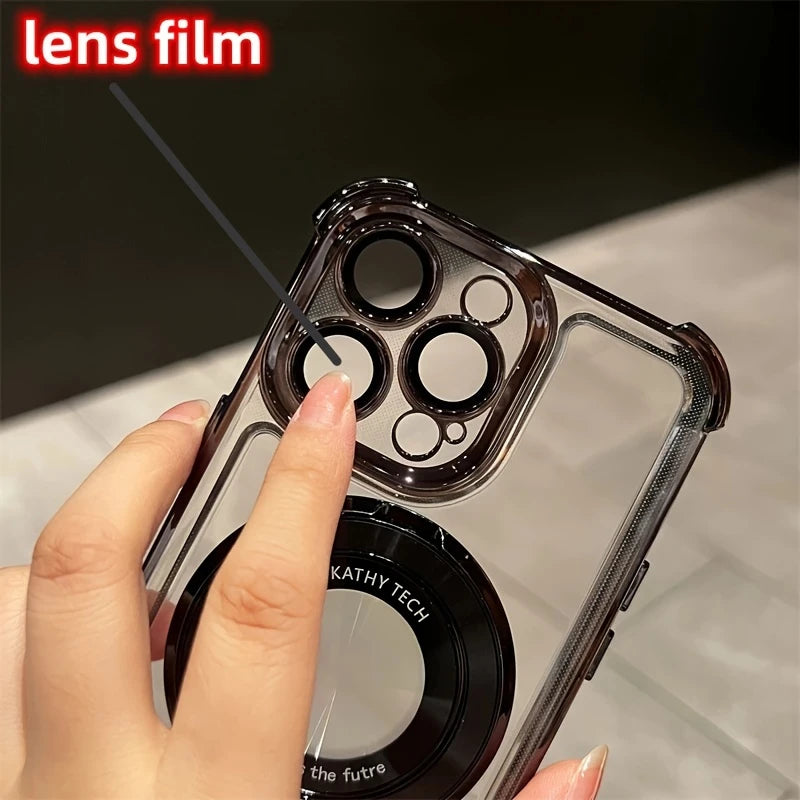 iPhone 16 Case Wireless Charging Magnetic Ring Bracket, Bumper, Lens Protector Clear & Black - BW30198816BK