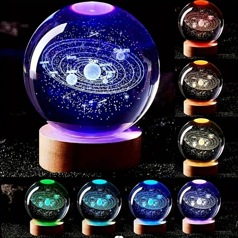 Crystal Ball 3D Laser Engraved LED Table Lamp Coloured Lights - Solar System QE846952