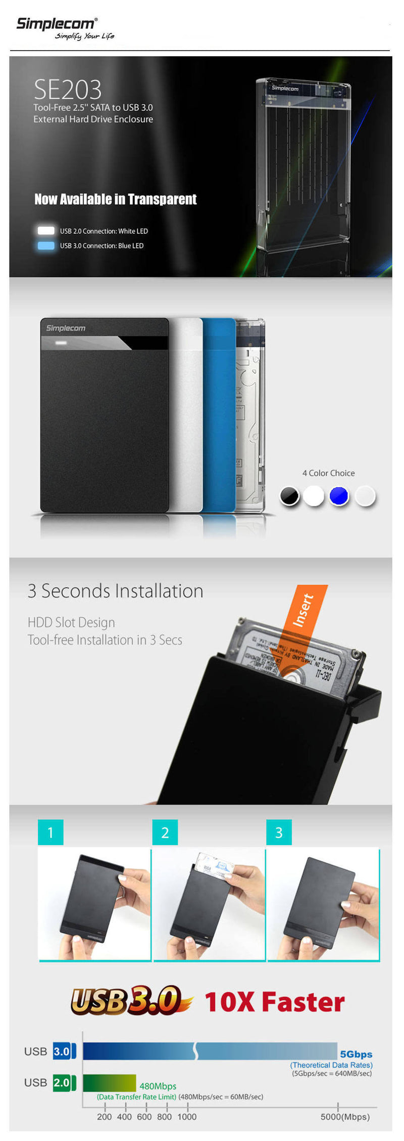 Simplecom SE203 Tool Free 2.5 SATA HDD SSD to USB 3.0 Enclosure – Blue HXSI-SE203-BLU