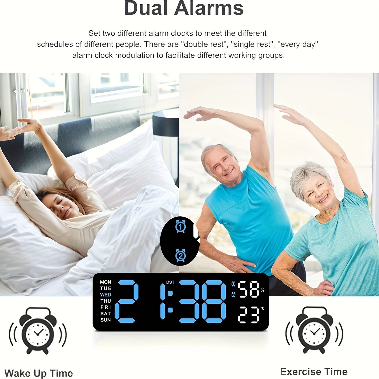Clock Digital Green Led Dual Alarm Day Date Temp Humidity White WG403383/WG