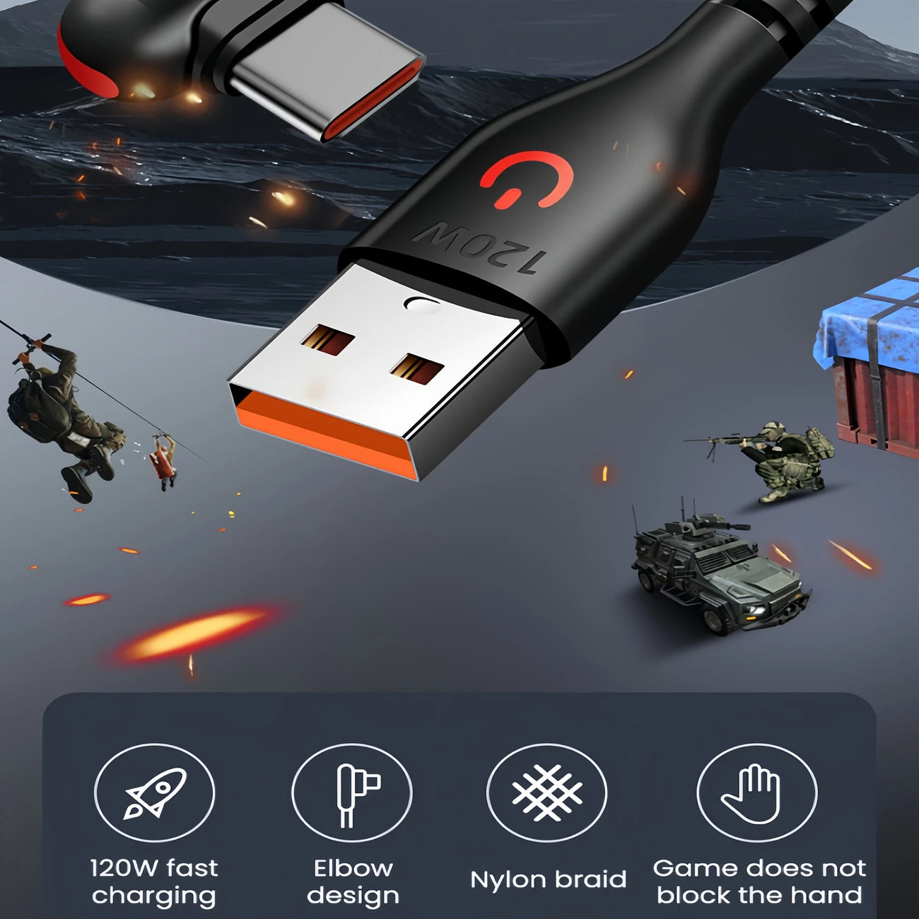 USB-C 90deg To USB-A 90deg Braided Cable 120w Charging Red 25cm CR1444743/R.25