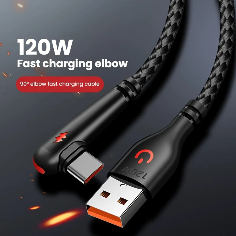USB-C 90deg To USB-A 90deg Braided Cable 120w Charging Red 25cm CR1444743/R.25