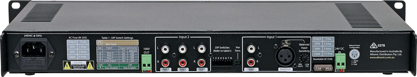 Public Address (PA) Mixer 100V Amplifier Compact 1RU 60W A4245A