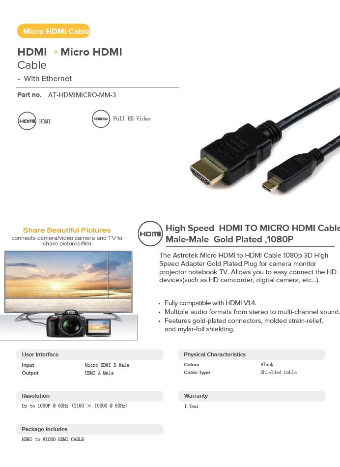 HDMI Cable Micro HDMI (d) To HDMI (a) 3m CBAT-HDMIMICRO-MM3