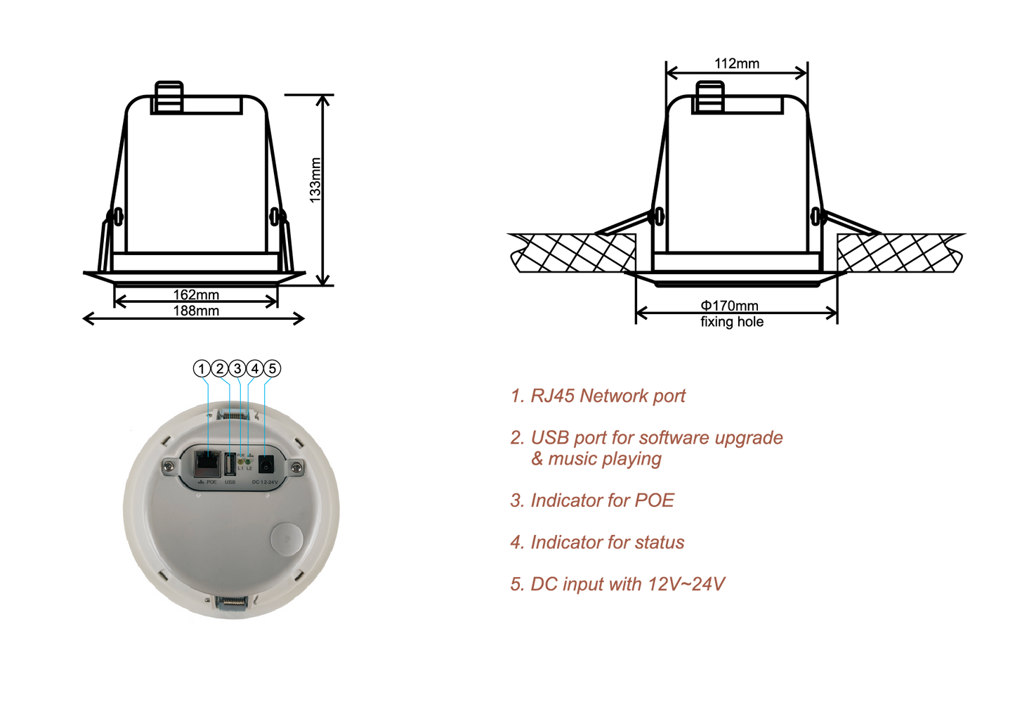 In-Wall & Ceiling Speakers Merlaud 165mm (6.5”) 16W IP Network Ceiling PA Speaker C2095