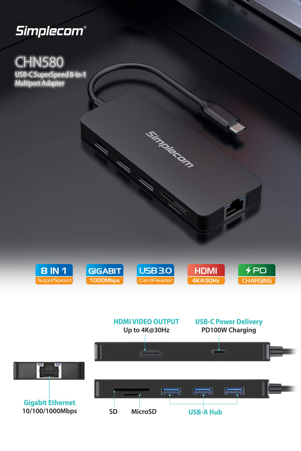 Simplecom USB-C Superspeed 8 In 1 Multiport Hub Adapter Dock HXSI-CHN580