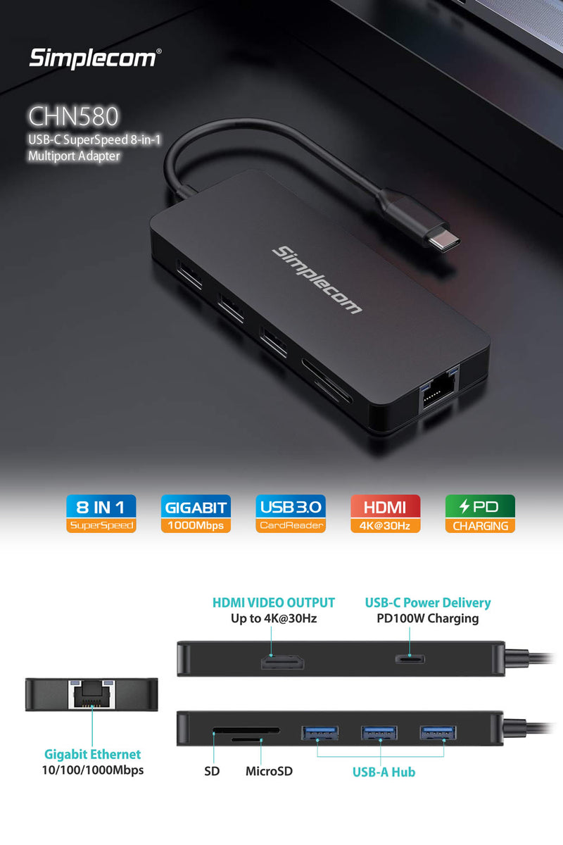 Simplecom USB-C Superspeed 8 In 1 Multiport Hub Adapter Dock HXSI-CHN580