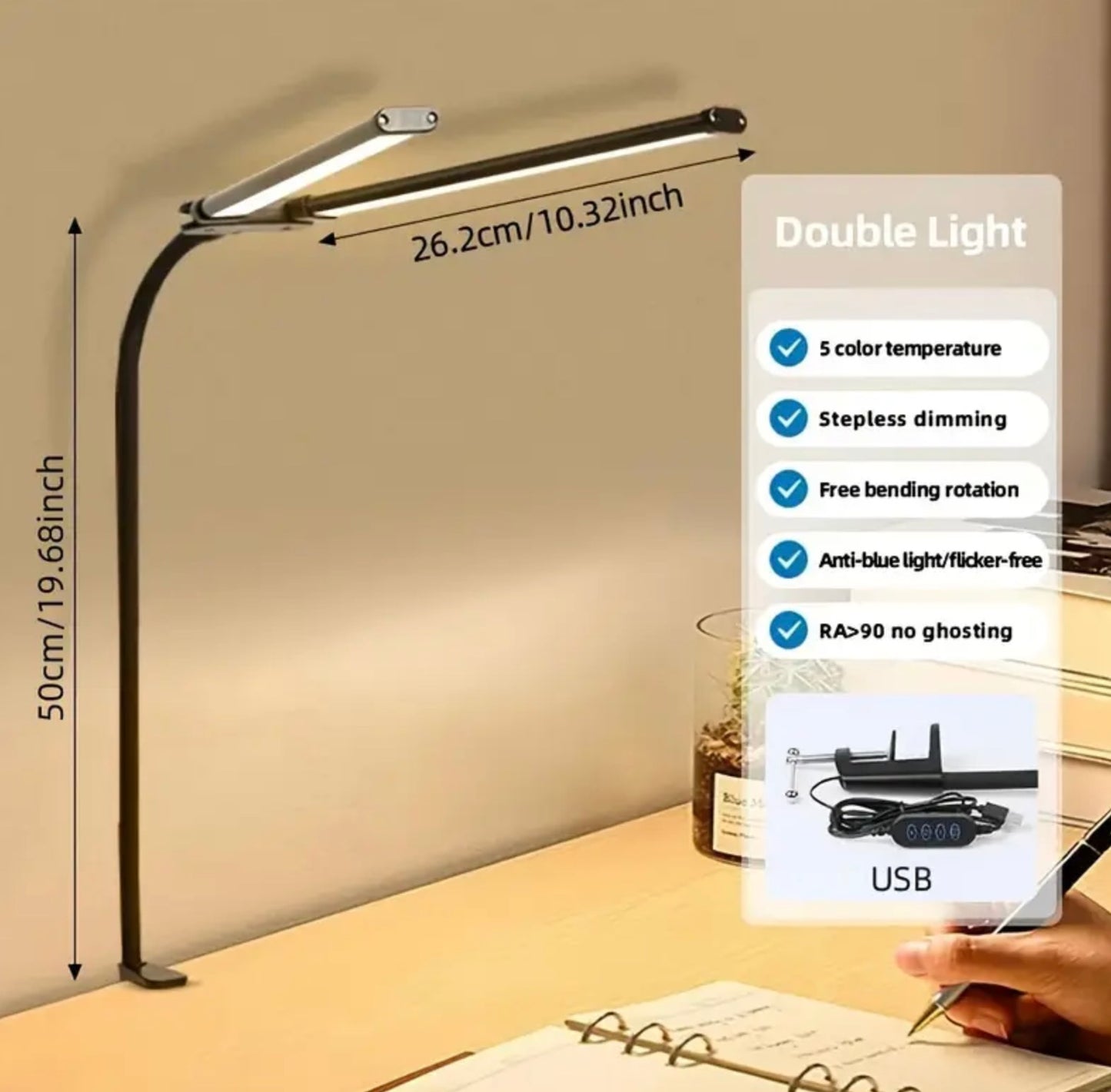 Lamp Double Head Clip-on LED Desk Lamp Black FM124047