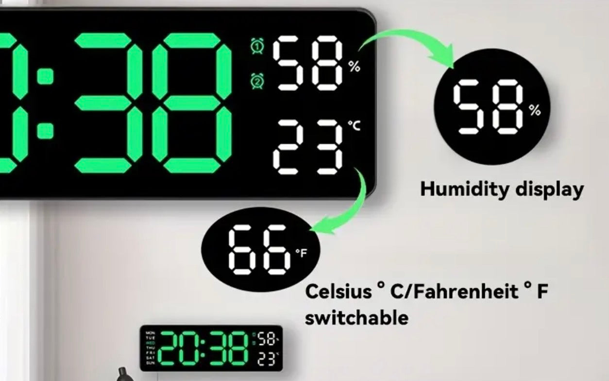 Clock Large Orange Digital Led Display Dual Alarm Day Date Temperature & Humidity AX97559/BO