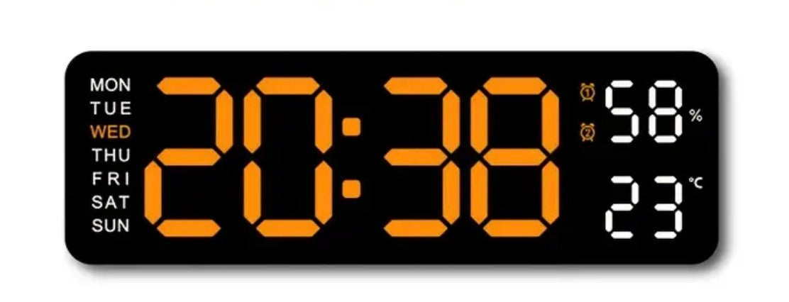Clock Large Orange Digital Led Display Dual Alarm Day Date Temperature & Humidity AX97559/WO