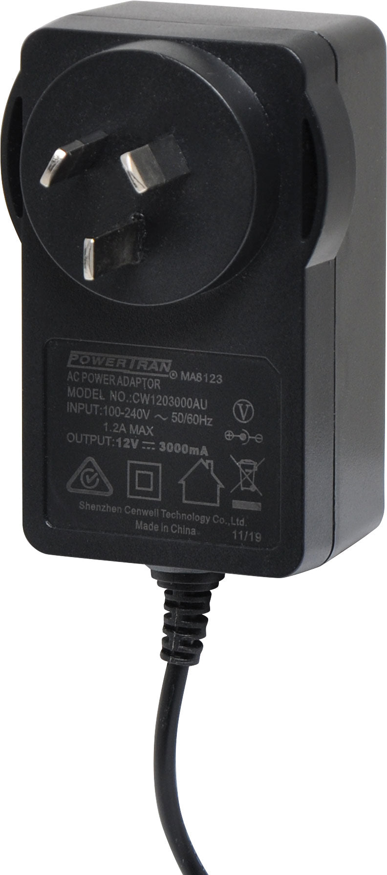 Power Adapter 12V DC 3A Fixed Screw On Tip Positive Appliance Plugpack (2.1mm) MA8123