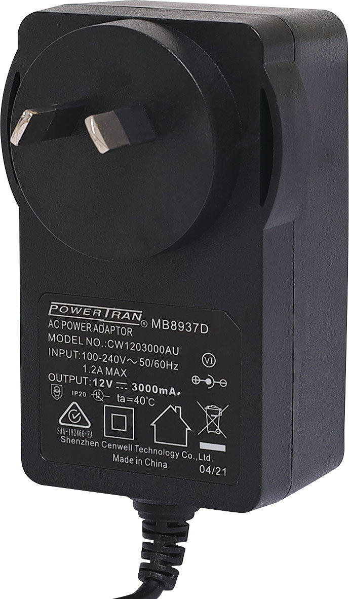Power Adapter 12V DC 3A Fixed Tip Positive Appliance Plugpack (2.5mm) MB8937D