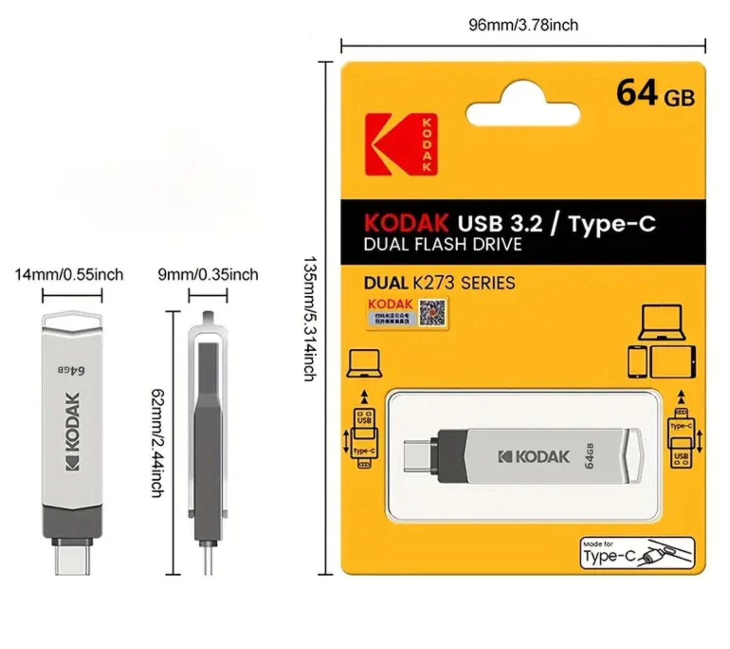 Kodak 64GB Type-C+USB3.2 Dual Interface Flash Drive NT1139809