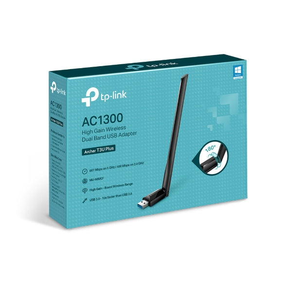 TP-Link Archer T3U Plus AC1300 High Gain Wi-Fi Dual Band USB Adapter, 867Mbps at 5GHz + 400Mbps at 2.4GHz, USB 3.0, 1xHigh Gain External Antenna, MU- NWTL-ARCHERT3UPLUS