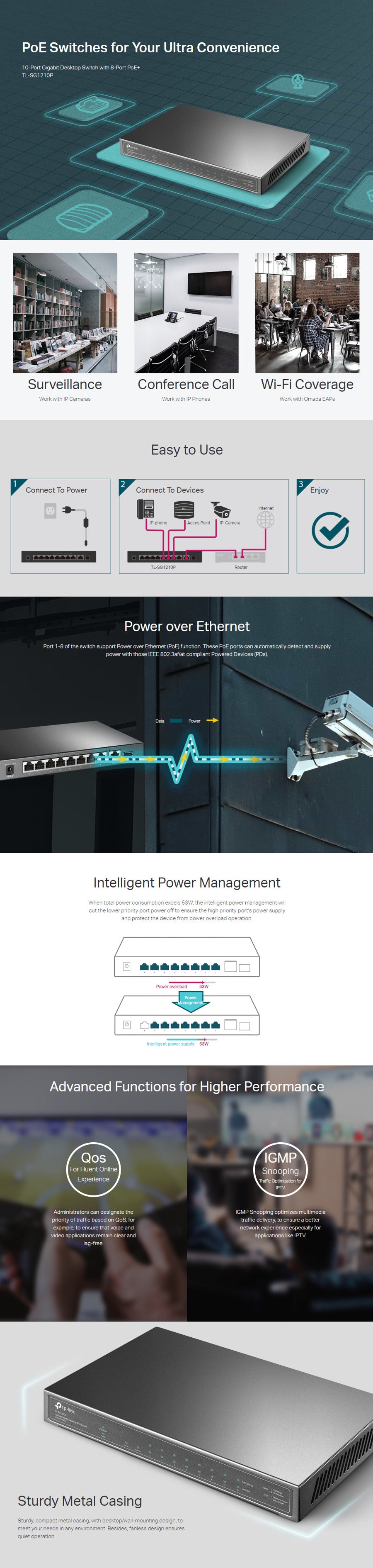 Tp-link TL-SG1210P 10 Port Gigabit Switch 8 Port Poe 63w NWTL-SG1210P