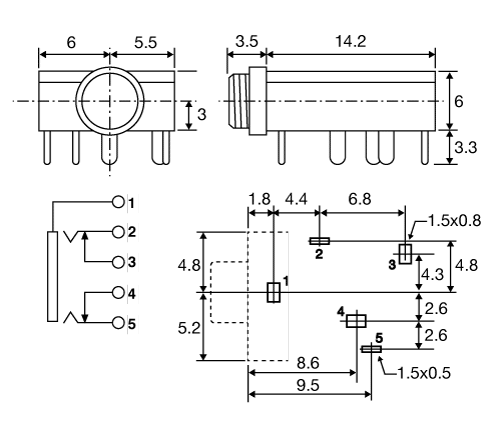 Jack Socket 3.5mm DPST PCB Mount Stereo P0092