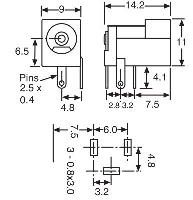 DC Power Connectors 2.5mm Plastic PCB Mount DC Power Socket P0621A
