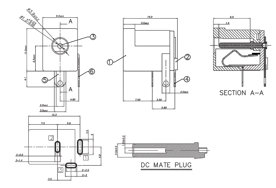 DC Power Connectors 1.35mm Plastic PCB Mount DC Power Socket P0624A