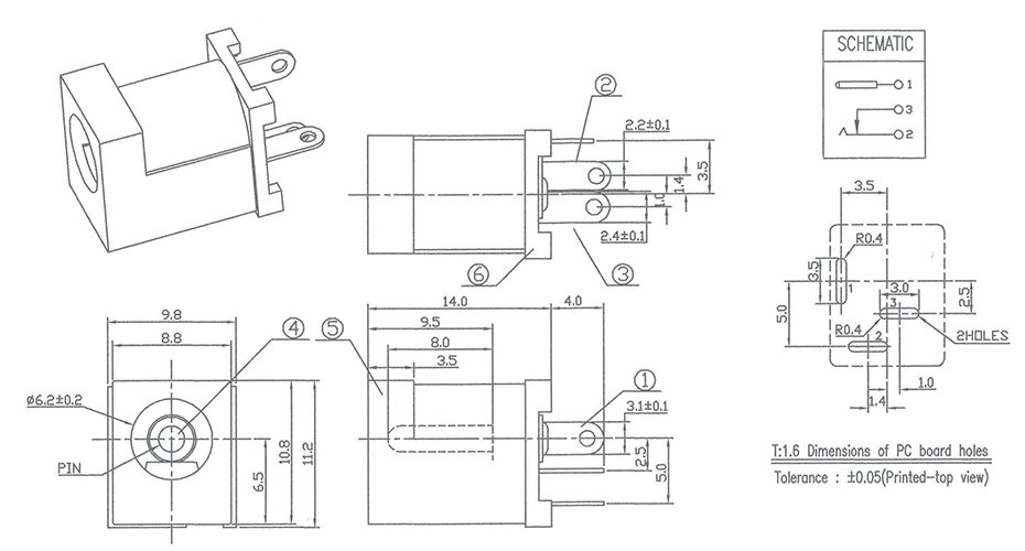 DC Power Connector 2.1mm Plastic PCB Mount Vert. DC Power Socket P0626