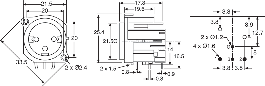 XLR 3 Pin Male 90° PCB Mount Compact P0874