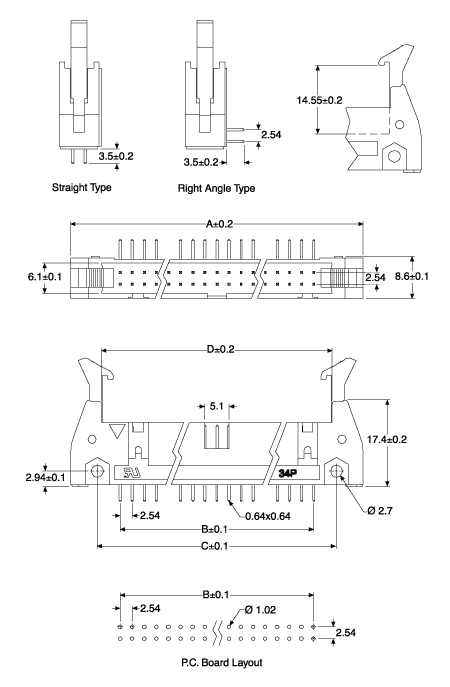 Pluggable Header 50 Pin Vertical PCB Mount Boxed Header P5050
