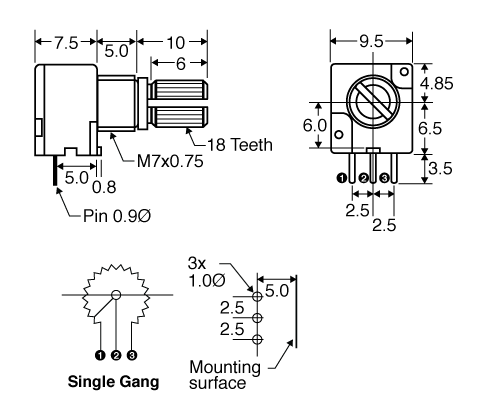 Potentiometer 10k Log 18T Spline 10mm Single Horizontal PCB Pot R1935