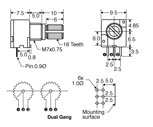 Potentiometer 10k Log 18T Spline 10mm Dual Horizontal PCB Pot R1940