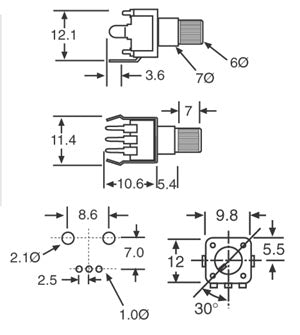 Potentiometer 100k Log 18T Spline 9mm Single Vertical Short PCB R1990