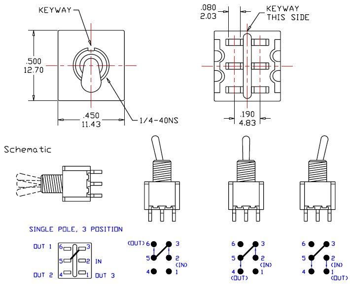 Toggle Switch SP3T Solder Tail Mini S1380