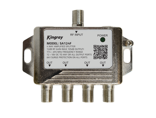 Kingray 4 Way TV Signal Splitter Amplified Includes PSK06 Power Supply SA124FDP