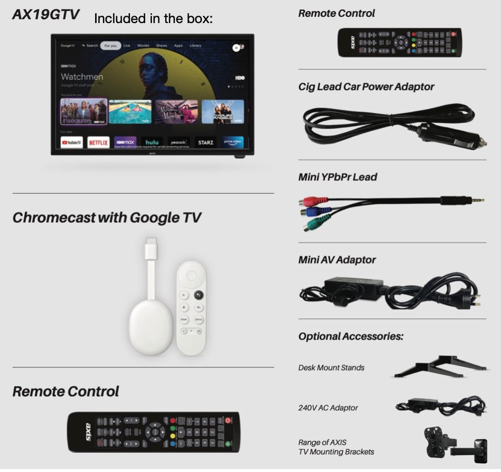 Axis AX1932GTV 12/24V 81cm/32″ Bluetooth HD LED Google TV/DVD AX1932GTV