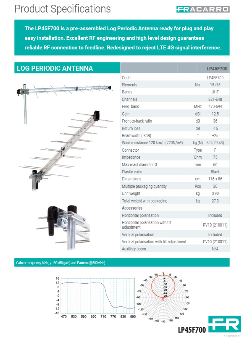Fracarro Log Periodic UHF TV Antenna 12DBI LP45F700