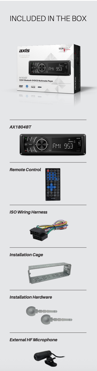 Axis CD DVD AM/FM Bluetooth Single DIN Receiver 12/24V AX1804BT