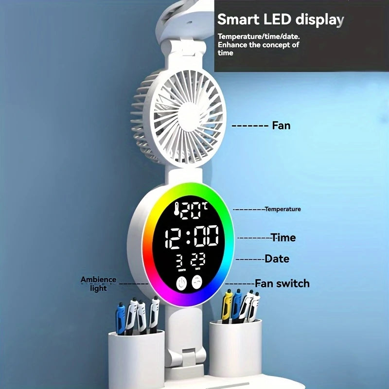 Desk Lamp LED With Fan, Round Clock, Date, Storage, temperature, Adjustable Dual Light, Touch Switch, White EX528325