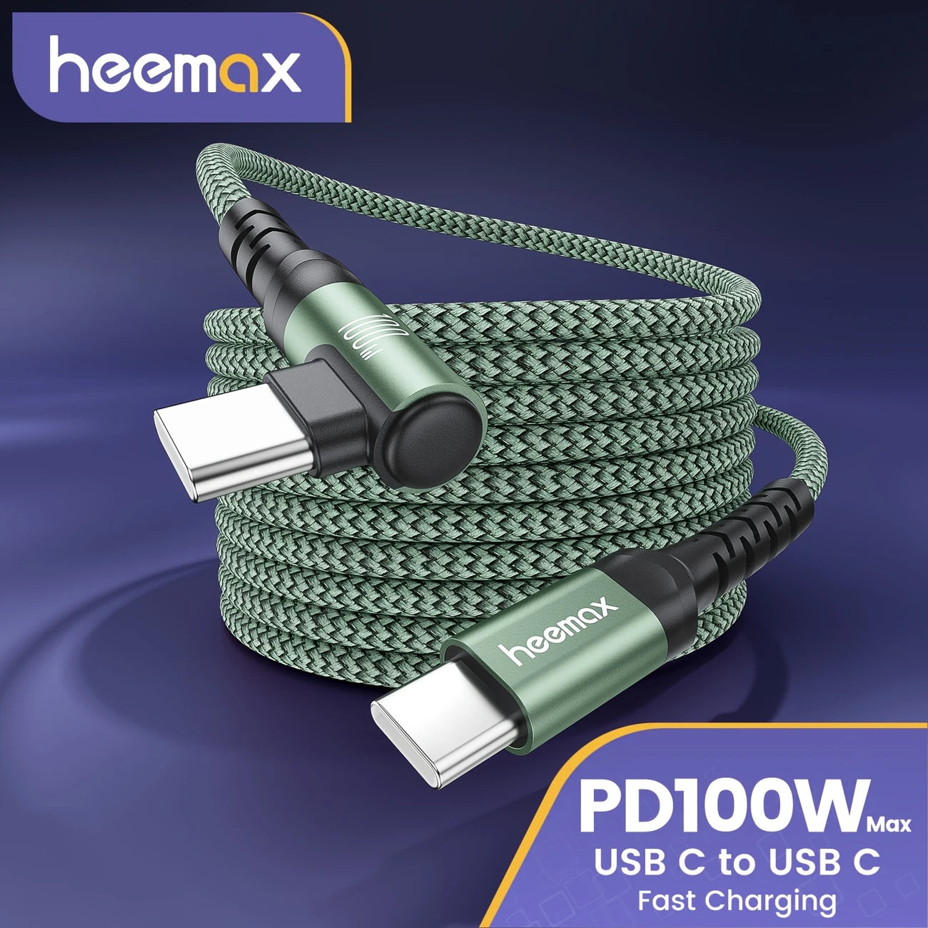 USB-C Right Angle To USB-C Braided Cable Pd100w Fast Charging Green 2m CU569942/G2M