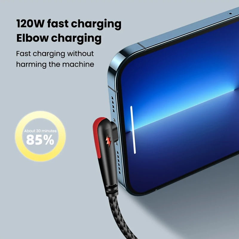 USB-C 90deg To USB-A 90deg Braided Cable 120w Charging Red 25cm CR1444743/R.25