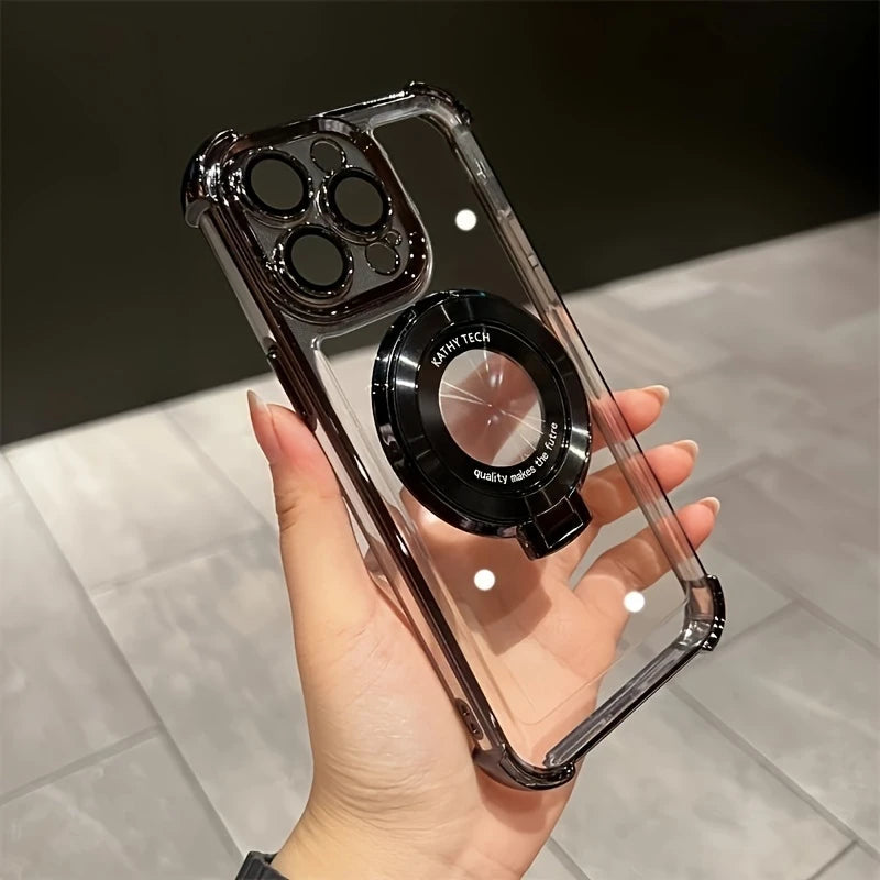iPhone 16 Case Wireless Charging Magnetic Ring Bracket, Bumper, Lens Protector Clear & Black - BW30198816BK