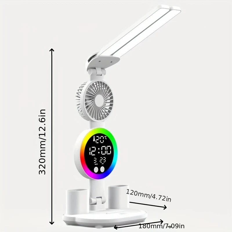 Desk Lamp LED With Fan, Round Clock, Date, Storage, temperature, Adjustable Dual Light, Touch Switch, White EX528325