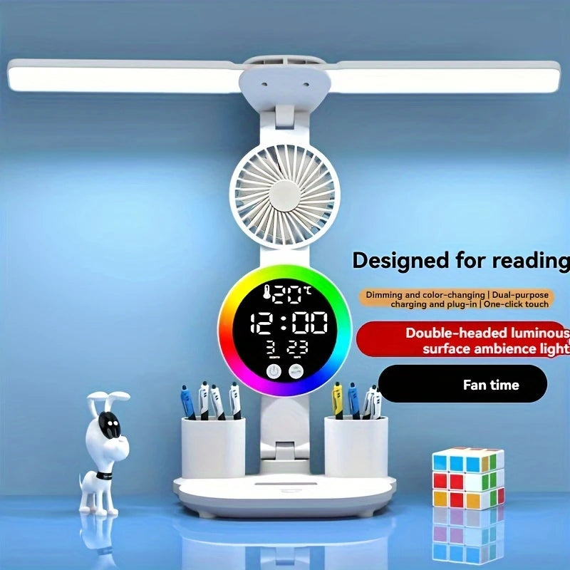 Desk Lamp LED With Fan, Round Clock, Date, Storage, temperature, Adjustable Dual Light, Touch Switch, White EX528325