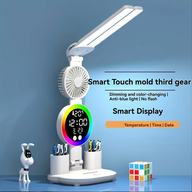 Desk Lamp LED With Fan, Round Clock, Date, Storage, temperature, Adjustable Dual Light, Touch Switch, White EX528325
