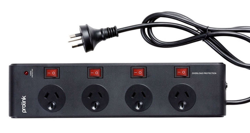 Power Board 4 Way Surge protected Spaced Sockets Individual Switched Black PB41BK