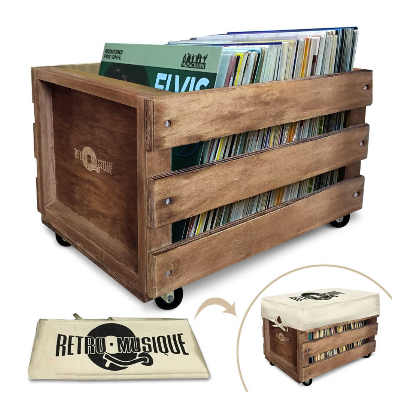 Retro Musique - Wooden Vinyl Record Storage Crate With Canvas Dustcover (Brown) KXRM25