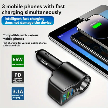 Cig Lighter 4 Port, 2 Usb A, 1 Usb C 1x Car Charger With Volt Meter RF1847120
