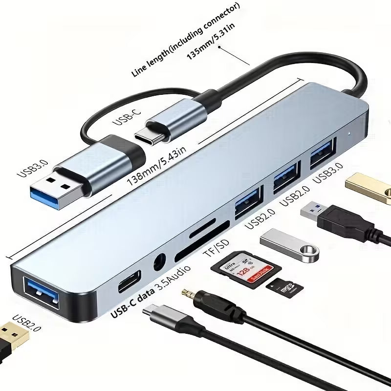 Usb A/C To 8-in-1 Hub Usb 2&3& C Data Card Reader 3.5mm QR869488