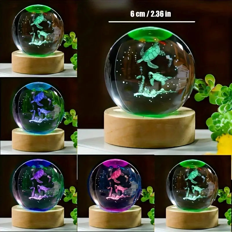 3D Laser Engraved Crystal Ball LED Table Lamp - 2 Turtles UW422497