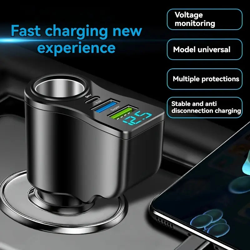 Cig Lighter 4 Port, 2 Usb A, 1 Usb C 1x Car Charger With Volt Meter RF1847120