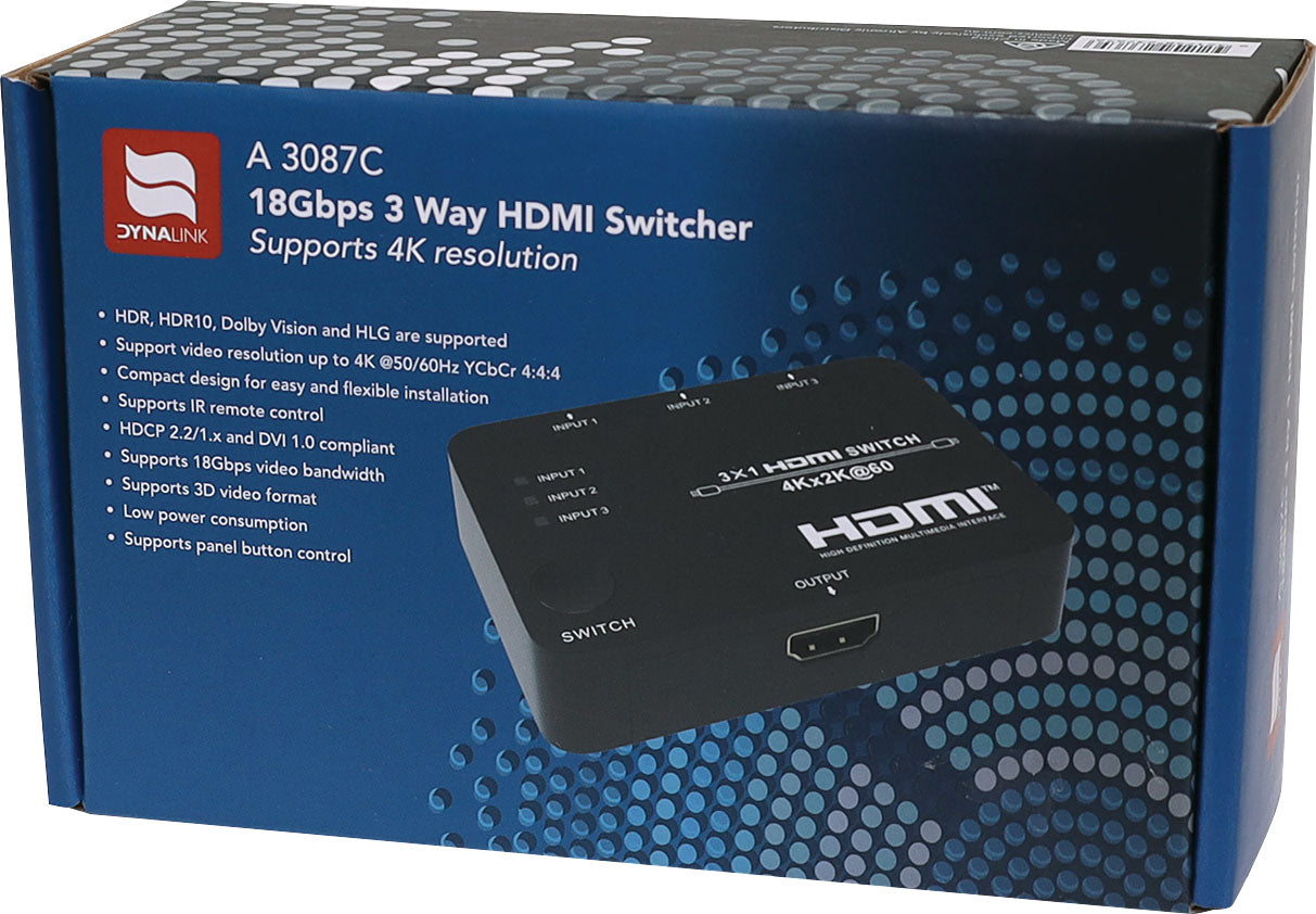 HDMI 3 Way Switcher V2.0 4K With Remote Control A3087C