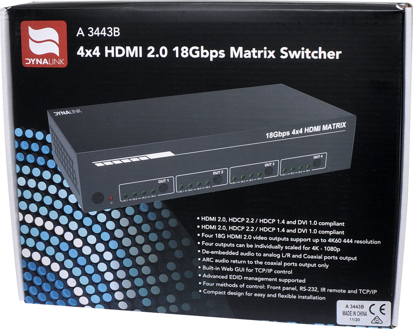 HDMI Switcher 4x4 HDMI 2.0 18Gbps Matrix Switcher A3443B